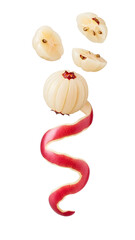 Fresh peeled pomegranate with seeds and peel isolated on white background, healthy fruit concept