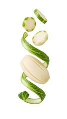 Fresh peeled sliced chayote with green spiral peel isolated on white background, healthy vegetable concept