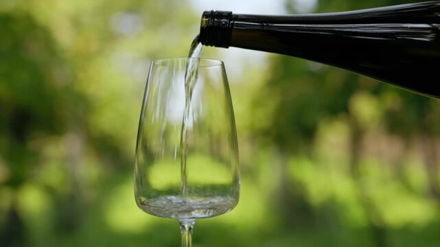 Pouring white wine into a glass outside in the vineyard