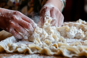 Hands shape dough into small dumplings dusted with flour on a wooden board.