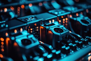 This image shows a close up view of computer hardware, focusing on its intricate details and glowing lights.