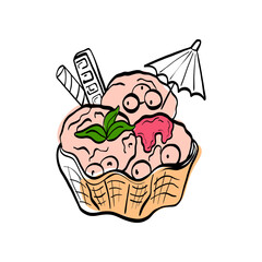 Ice cream with cones, scoops and desserts in clean line art. Sweet food icon for menus, packaging, branding and recipe illustrations