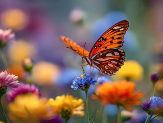 Obraz premium Orange butterfly on blue flower macro