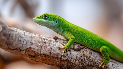 Fototapeta premium Vibrant Green Anole Lizard Perched on a Textured Branch in Natural Habitat.