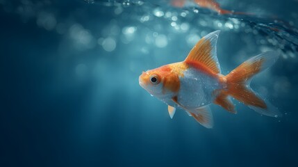 Vibrant Goldfish Swimming Gracefully in Crystal Clear Blue Water, Underwater Scene.