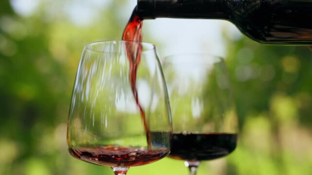 Pouring red wine into glasses, tasting outside in the vineyard