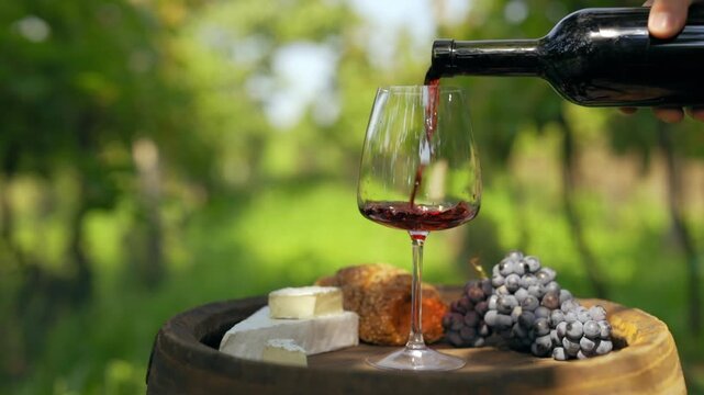 Pouring red wine into a glass outside in the vineyard on an old wooden barrel