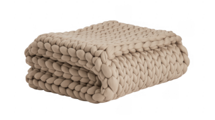 Folded beige chunky knit blanket fabric isolated on a transparent background