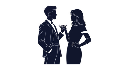 A refined couple in formal attire are engaged in a quiet and intimate conversation silhouette