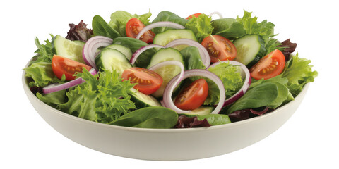Fresh mixed green salad with vegetables in a white bowl mixed greens isolated on a transparent background