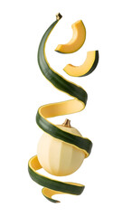 Raw peeled yellow pumpkin with skin spiraled in the air and two slices floating isolated on white background, fresh autumn vegetable