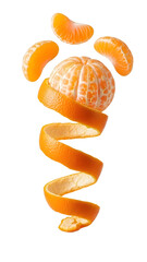 Peeled tangerine with spiral peel and separated segments isolated on black background, fresh citrus fruit perfect for healthy snacks and recipes
