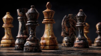 Fototapeta premium Vintage chess pieces arranged on dark background