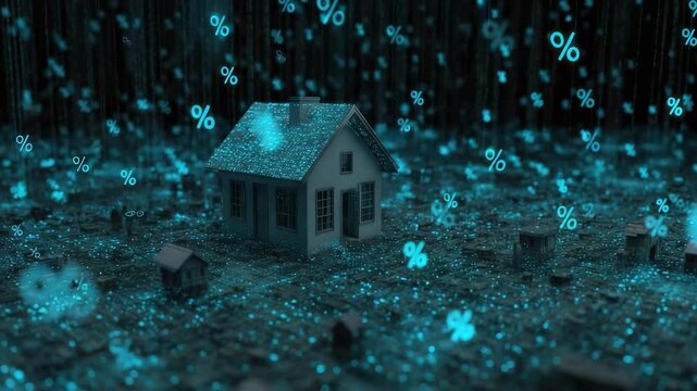 A tiny model house in a blue digital data landscape with glowing percent symbols floating around.