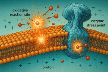 Detailed scientific diagram of cell level oxidative stress showing free radical reaction at membrane site and enzyme stress point, with visible proton gradient