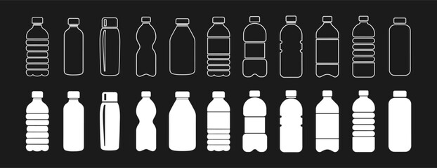Plastic bottle icons set in outline and solid white style. Collection of various drink containers. Isolated
