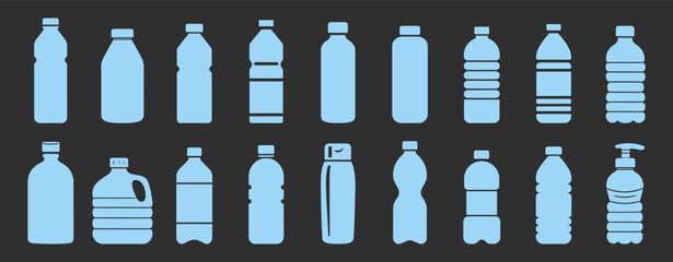 Plastic bottle icons set in flat blue style. Collection of various drink and liquid containers.