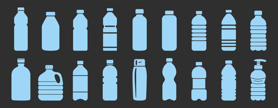 Plastic bottle icons set in flat blue style. Collection of various drink and liquid containers.
