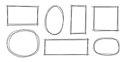 Hand drawn frame set . Rectangle oval minimal black outline. Sketch style shapes for notes poster planner social media layout education materials © Svetlana