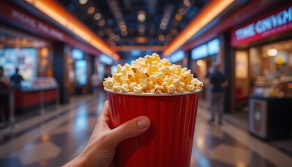 Hand holding a bright red popcorn bucket in a movie theater