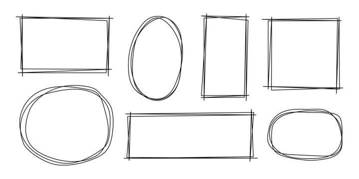 Hand drawn frame set . Rectangle oval minimal black outline. Sketch style shapes for notes poster planner social media layout education materials