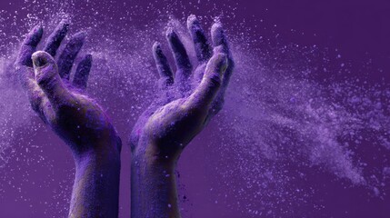 Hands releasing vibrant purple pigment in motion, epilepsy awareness, hope, support, and celebration of Purple Day