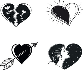 Vector set of  heart icons and romantic symbols for Valentine's Day design, including love silhouettes, wedding card illustrations, and hand-drawn shapes representing a couple's romance