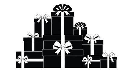 A festive arrangement of stacked gift boxes with decorative bows presented as a silhouette