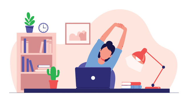 A woman working at her home office desk with a laptop takes a short break to stretch her arms and relax her back muscles.