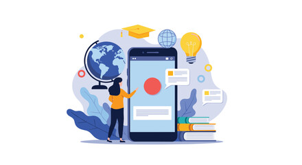 A female student uses her smartphone for online education and e-learning with icons of a globe graduation cap and a book.