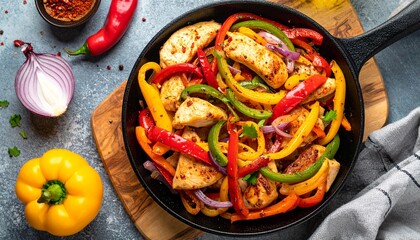 Saftige H&auml;hnchen-Fajitas mit bunten Paprikastreifen, Zwiebeln und aromatischen Gew&uuml;rzen
