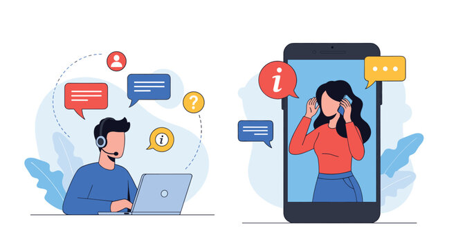 A male customer service agent with a headset helps a female customer on her smartphone with her questions and problems. - Powered by Adobe
