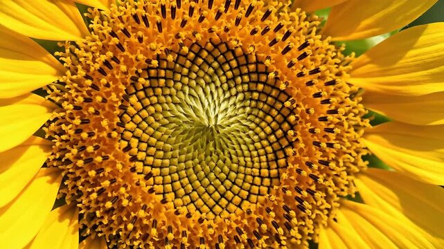 Close up of a vibrant sunflower showing its intricate seed pattern and bright yellow petals.