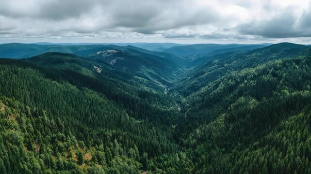 A vast, forested mountain valley with dense evergreen trees stretching into the distance under a cloudy sky.