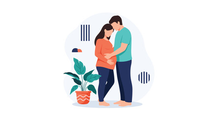 Loving husband gently hugging his pregnant wife's belly showing care and affection as they expect a baby in a modern interior.