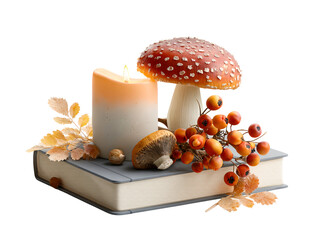 Autumnal still life with candle, toadstool, and berries on book