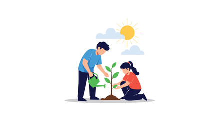 Young man and woman planting a small tree together on a sunny day as a symbol of environmental care and sustainability.