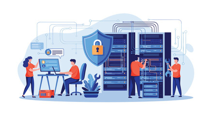 Team of IT specialists working on data center security with technicians maintaining server racks and ensuring network protection.