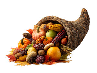 Abundant Cornucopia overflowing with harvest produce and autumn leaves