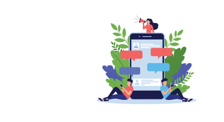 Young people sitting and chatting on their mobile phones next to a giant smartphone with a woman making an announcement.