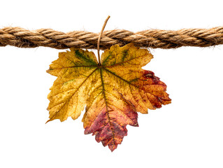 Autumn Leaf Suspended on Thick Rope Against White