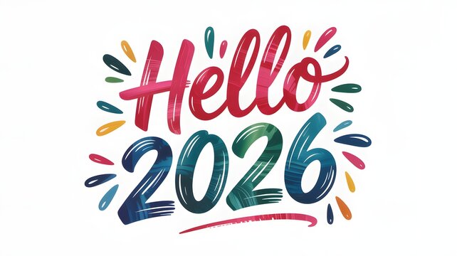 Hello 2026 Cheerful Hand Lettered Typography With Colorful Decorative Elements Celebration