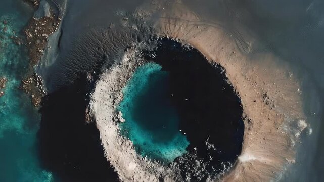 Aerial view of a circular volcanic caldera lake with turquoise water and a white mineral rim.