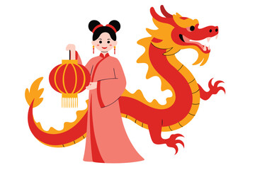 Happy chinese new year vector illustration featuring a smiling woman with a red lantern and dragon dancing in celebration