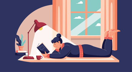 Woman relaxing on the floor at night reading a book under the cozy glow of a lamp in a comfortable and quiet room.