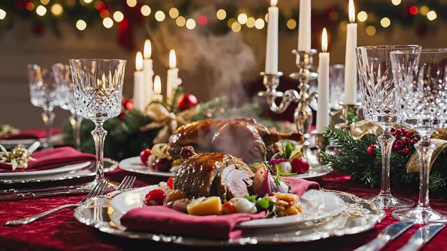 Festive Christmas Dinner Table with Steaming Roasted Turkey and Elegant Decor.