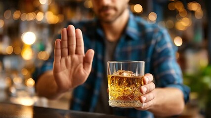 Refusal of whiskey drink at bar with faceless hand gesture indicating sobriety choice, saying no to alcohol, responsible decision, defocused pub, with copy space