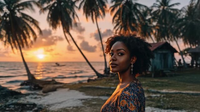 A woman with curly hair in a patterned dress stands on a tropical beach at sunset, palm trees and a small shack by the water.
