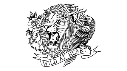 Wild at heart lion tattoo design with eagle and rose