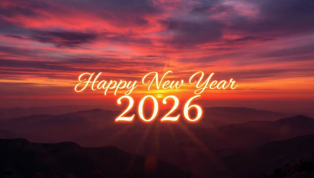 Happy New Year 2026 Golden Sunset Landscape Celebration Background